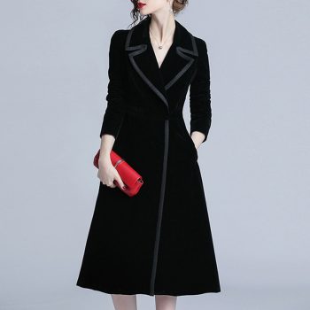 new arrival women fashion comfortable velvet trench coat professional OL temperament solid girls warm outdoor long black trench