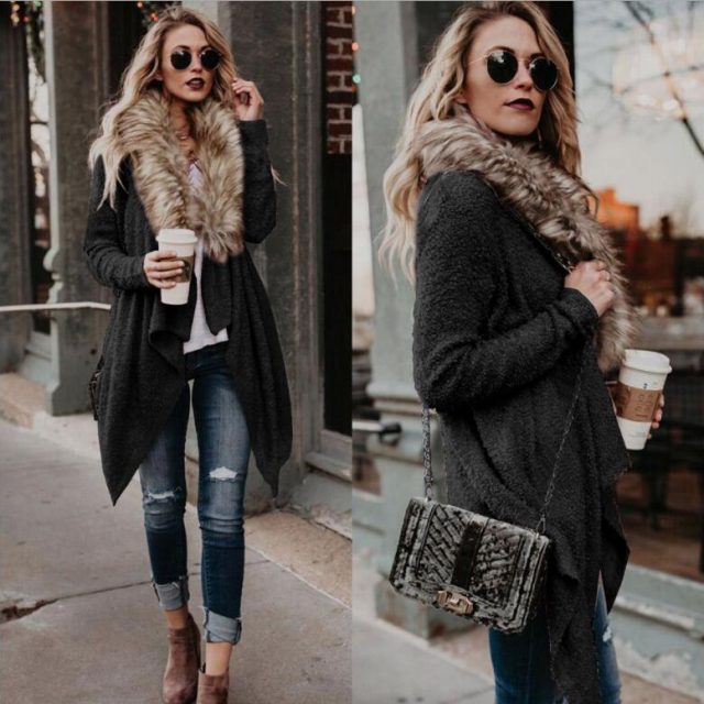 Europe autumn outwear women’s fur collar cardigan coat women loose windbreaker casual streetwear clothing plus size