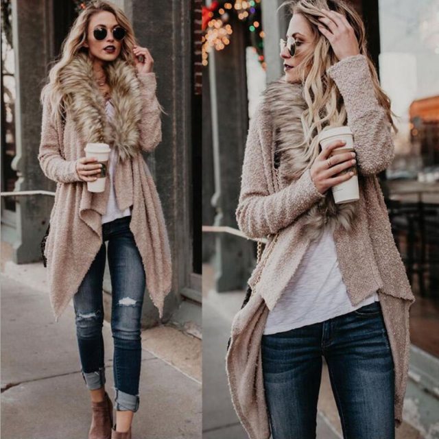 Europe autumn outwear women’s fur collar cardigan coat women loose windbreaker casual streetwear clothing plus size