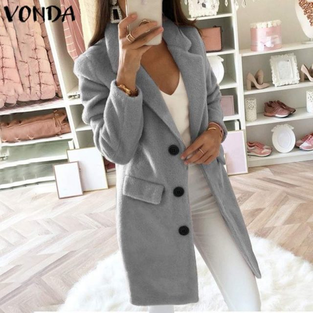 VONDA 2019 Trench Womens Autumn Winter Slim Trench Casual Button Pockets Solid Long Windbreaker Vintage Blends Coats Plus Size