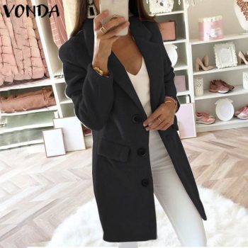 VONDA 2019 Trench Womens Autumn Winter Slim Trench Casual Button Pockets Solid Long Windbreaker Vintage Blends Coats Plus Size