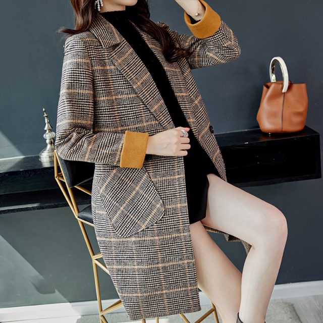 New Plaid Ladies Coat Fashion Lapel Windproof Ladies Autumn Winter Coat Long Retro Women Windbreaker Trench Coat for Women