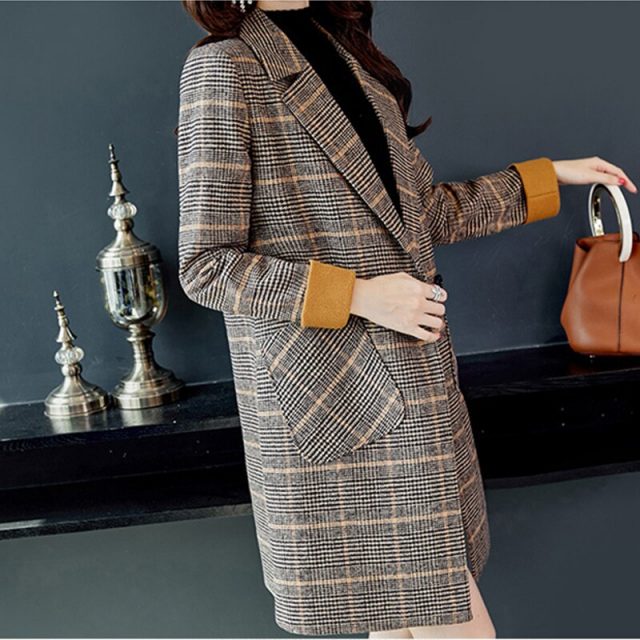 New Plaid Ladies Coat Fashion Lapel Windproof Ladies Autumn Winter Coat Long Retro Women Windbreaker Trench Coat for Women