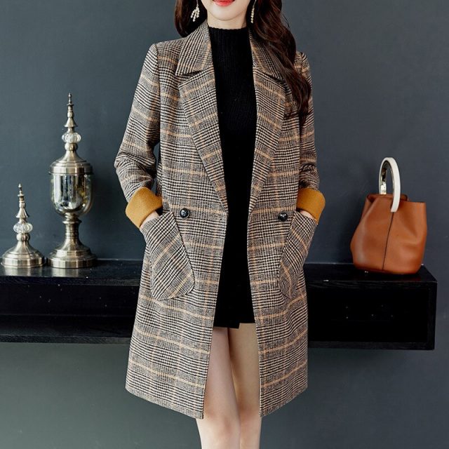 New Plaid Ladies Coat Fashion Lapel Windproof Ladies Autumn Winter Coat Long Retro Women Windbreaker Trench Coat for Women