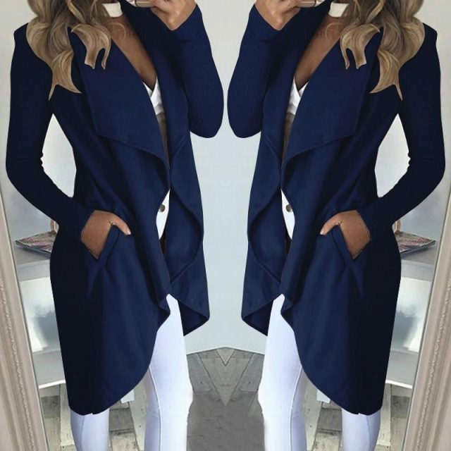 New Cardigan Coat Autumn Cotton Blends Long Pockets Long Sleeve Lapel Collar Slim Women Casual Overcoat Outerwear Jacket