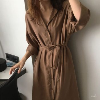 2019 Autumn Women Long Shirt Plus Size Loose Style Casual Lapel Batwing Sleeve Vintage OL Long Shirt Cardigan Blouse Coat Female