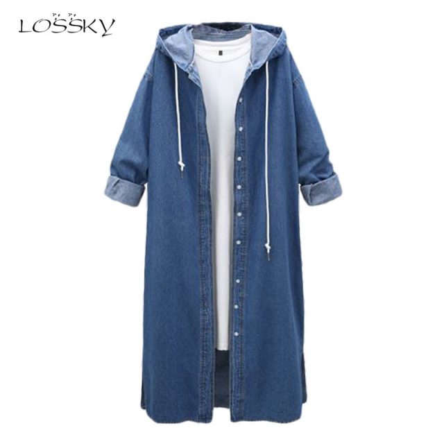 Lossky Women Hooded Denim Trench Coats Long Sleeve Warm X-long Windbreaker Large Size Autumn Winter Overcoats Clothing Feminino
