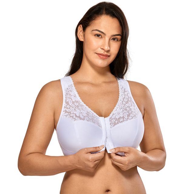 Women’s Full Coverage Wirefree Lace Plus Size Front Closure Bra Racerback