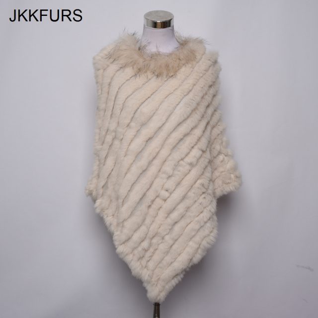 2019 Women’s Poncho Real Rabbit Fur Knitted Shawl Raccoon Fur Collar Top Quality Large Cape Fashion Style S1729