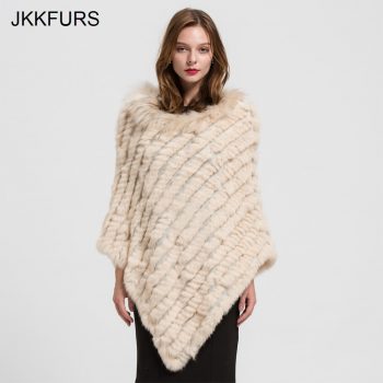 2019 Women's Poncho Real Rabbit Fur Knitted Shawl Raccoon Fur Collar Top Quality Large Cape Fashion Style S1729