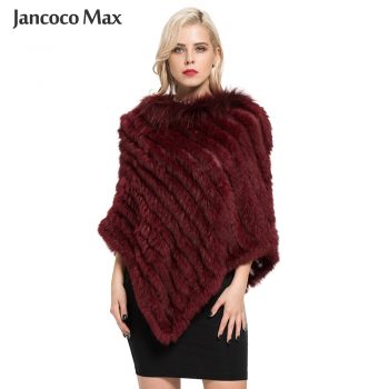 Jancoco Max 2019 New Arrival Real Rabbit Fur Knitted Poncho Raccoon Fur Collar Shawls Women Winter Capes Pullover S7110