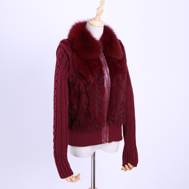 2019 Women’s Genuine Real Rabbit Fur Fox Fur Collar Knitting Sleeve Women’s Winter Coat Fur Jacket Casual Short Outwear Slim