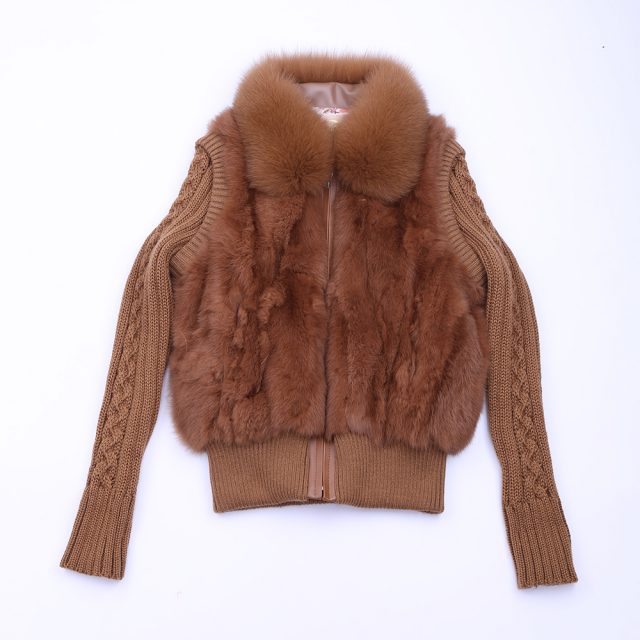 2019 Women’s Genuine Real Rabbit Fur Fox Fur Collar Knitting Sleeve Women’s Winter Coat Fur Jacket Casual Short Outwear Slim
