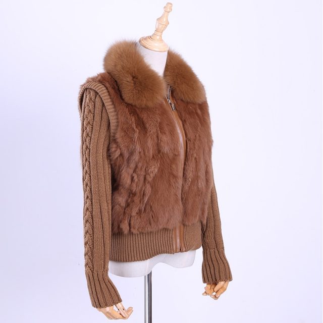2019 Women’s Genuine Real Rabbit Fur Fox Fur Collar Knitting Sleeve Women’s Winter Coat Fur Jacket Casual Short Outwear Slim