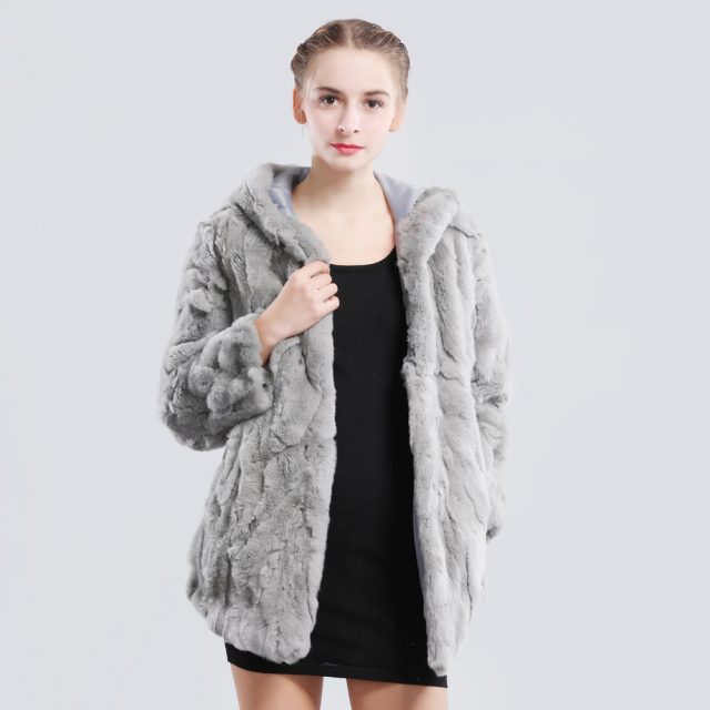 2019 New Winter Genuine Real Rex Fur Jacket Fur Hood Women Casual Rex Rabbit Fur Coat Natural Rex Rabbit Fur Hooded Overcoat