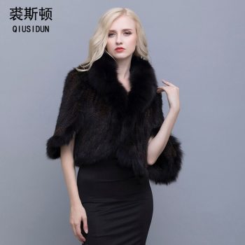 QIUSIDUN Real Fur Poncho Knitted Mink Jackets Mink Fur Coat China Natural Fox Fur Collar Coat Fur Coat  Winter Gift For A Woman