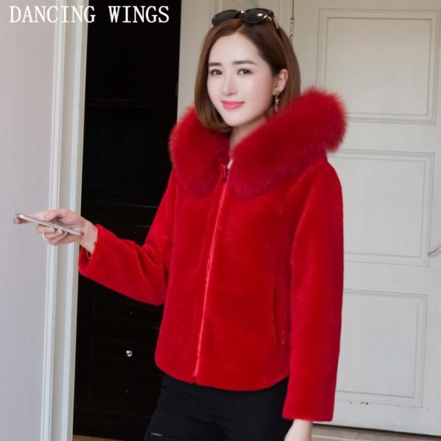 Luxury red natural sheep shearing fur jacket winter women real fox fur hooded short coats outwear