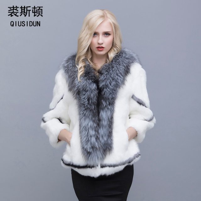 Real natural women’s rabbit fur coat fox fur collar large size rabbit skin women winter coat black woman’s casual autumn coat