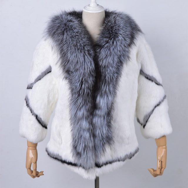 Real natural women’s rabbit fur coat fox fur collar large size rabbit skin women winter coat black woman’s casual autumn coat