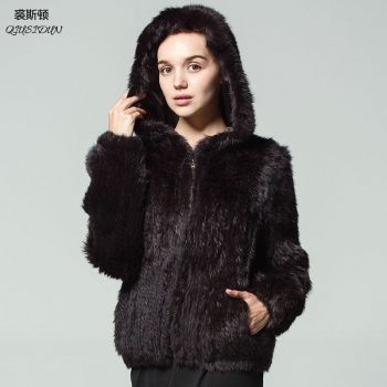 QIUSIDUN Rabbit Knitting Fur Coat Winter Women's Warm Fashion Jacket Hooded Big Coats Solid Full V-Neck Pockets Knitted coats
