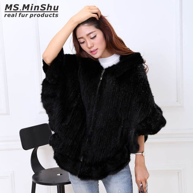 MS.MinShu Hand Knitted Mink Fur Poncho Women Real Fur Cape Hooded Coat Zipper Fashion Lady’s Outwear Genuine Mink Fur Shawl