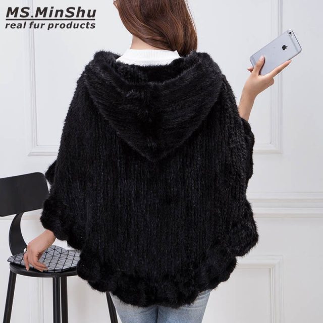 MS.MinShu Hand Knitted Mink Fur Poncho Women Real Fur Cape Hooded Coat Zipper Fashion Lady’s Outwear Genuine Mink Fur Shawl