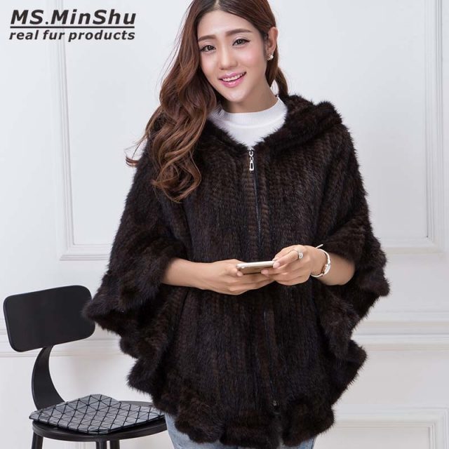 MS.MinShu Hand Knitted Mink Fur Poncho Women Real Fur Cape Hooded Coat Zipper Fashion Lady’s Outwear Genuine Mink Fur Shawl