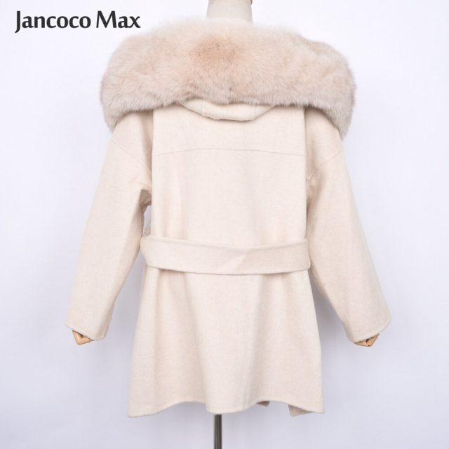 Women’s Fashion Real Wool Coats Fox Fur Collar Genuine Cashmere Fur Jackets Hooded Outerwear S7494
