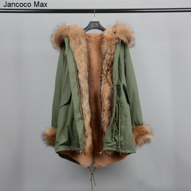 Jancoco Max 2019 Winter Fashion Parka Real Raccoon Fur Collar Hooded Coat Thick Warm Outerwear Women Jacket S1801