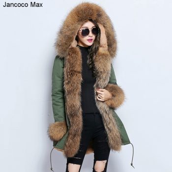 Jancoco Max 2019 Winter Fashion Parka Real Raccoon Fur Collar Hooded Coat Thick Warm Outerwear Women Jacket S1801