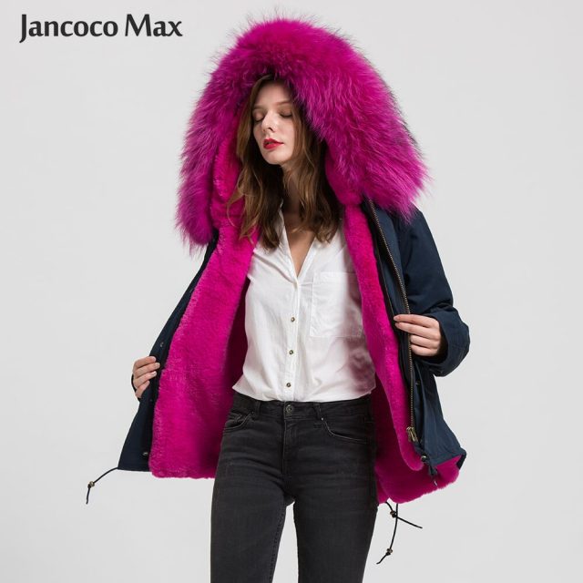 Women Fashion Fur Parka Real Raccoon Fur Big Collar Parkers Hooded Coat Detachable S1722