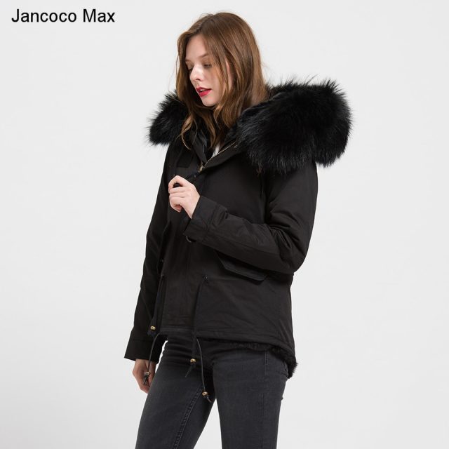 Jancoco Max 2019 Detachable Black Parker Jacket  Genuine Raccoon Big Collar Trim Winter Top Warm Fur Lined Hooded Coat B1722