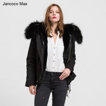 Jancoco Max 2019 Detachable Black Parker Jacket  Genuine Raccoon Big Collar Trim Winter Top Warm Fur Lined Hooded Coat B1722