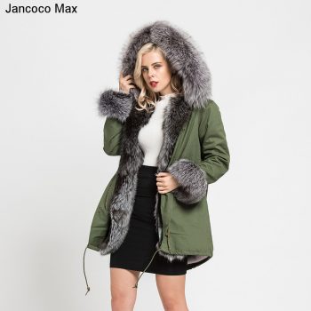 Jancoco Max 2019 Real Fox Fur Collar Hooded Coat Rex Rabbit Lined Parka Women Parker Winter Jacket Warm Overcoat S7113