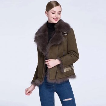 rf0210 Real Fox Fur Shearling Jacket Women Natural Fox Fur with Faux Leather Jacket Fashion Motorcycle Leather Coat