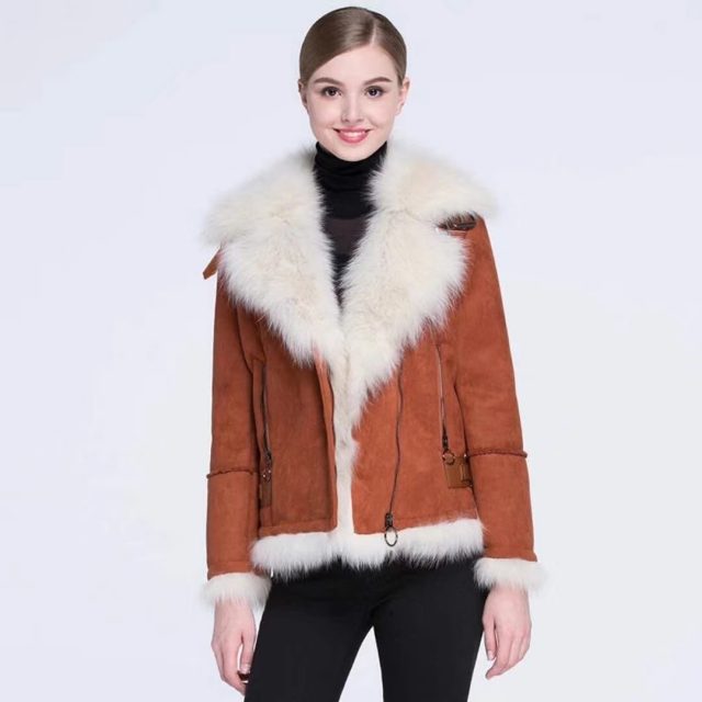 rf0210 Real Fox Fur Shearling Jacket Women Natural Fox Fur with Faux Leather Jacket Fashion Motorcycle Leather Coat