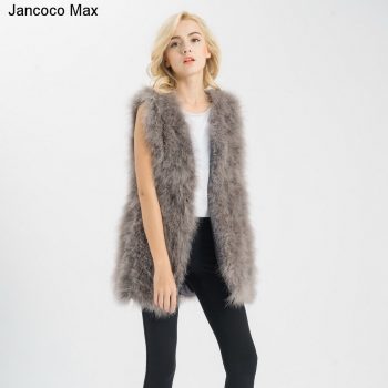 Jancoco Max S1007 Real fur gilet Or Genuine ostrich /Turkey Feather fur Long Vest Women New Fashion Jacket