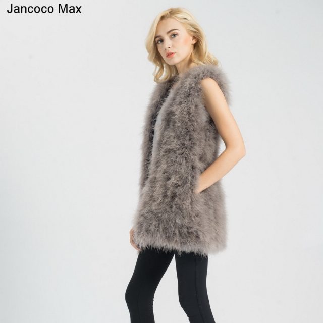 Jancoco Max S1007 Real fur gilet Or Genuine ostrich /Turkey Feather fur Long Vest Women New Fashion Jacket