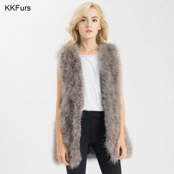 JKKFURS New Fashion Women Gilet Genuine Ostrich / Turkey Feather Fur Long Vest Women Winter Warm Fur Jacket S1007