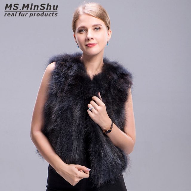 Ms.MinShu Raccoon Fur Vest Grey Short Winter Fox Fur Vest Sleeveless Women Raccoon Fur Coat Fashion Real Fur Vest for Girl