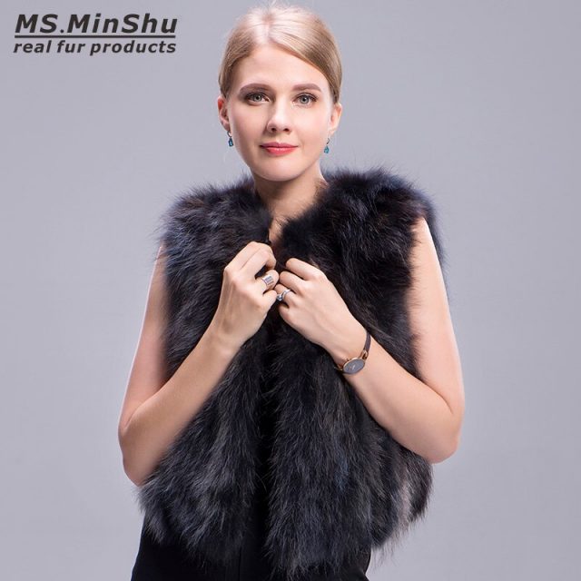 Ms.MinShu Raccoon Fur Vest Grey Short Winter Fox Fur Vest Sleeveless Women Raccoon Fur Coat Fashion Real Fur Vest for Girl