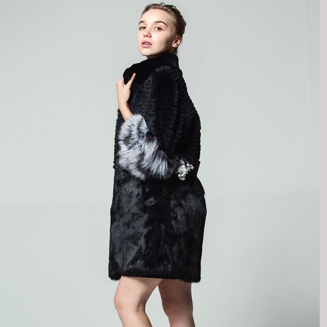The real rabbit fur coat stripes Fashion fox cuff  With belt Pocket Fur clothes winter woman Russian 5XL seven point sleeve coat