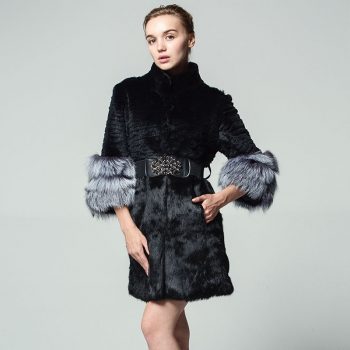 The real rabbit fur coat stripes Fashion fox cuff  With belt Pocket Fur clothes winter woman Russian 5XL seven point sleeve coat
