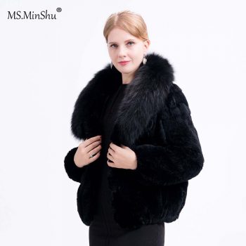 MS.MinShu Women Real Fur Coat Fox Fur Collar Rex Rabbit Fur Coat Full sleeves Lady's Real Fur Jacket Women Winter Coat