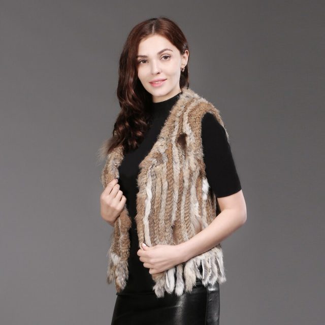 New Women Knitted Real Rabbit Fur Vests Fall Winter Warm Real Natural Rabbit Fur Gilets Casual With Tassel Rabbit Fur Waistcoats