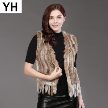 New Women Knitted Real Rabbit Fur Vests Fall Winter Warm Real Natural Rabbit Fur Gilets Casual With Tassel Rabbit Fur Waistcoats