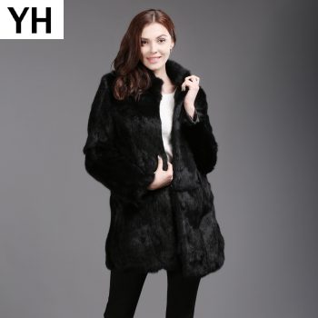 2019 Winter Genuine Full Pelt Real Rabbit Fur Jacket Women Design Rabbit Fur Coat Standing Collar Slim Real Rabbit Fur Overcoat