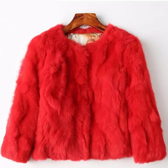 Winter New Real Rabbit Fur Short Fur Jacket Women Crew Neck Slim Warm Fur Coat Ladies Furry Thick Casual Plus Size Black Jackets