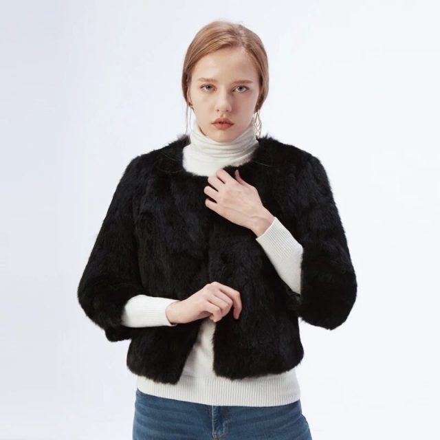 Winter New Real Rabbit Fur Short Fur Jacket Women Crew Neck Slim Warm Fur Coat Ladies Furry Thick Casual Plus Size Black Jackets