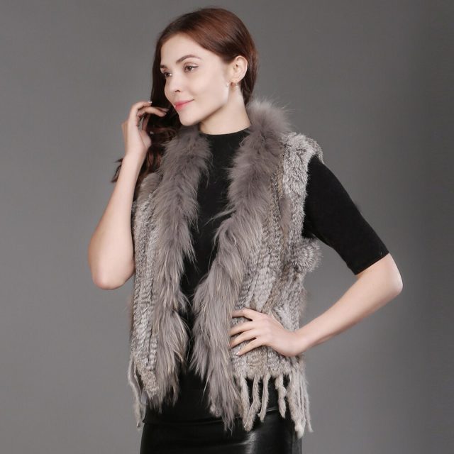 Party Brand Women Genuine Real Knitted Rabbit Fur Vest Tassels Raccoon Fur Trimming Collar Waistcoat Real Rabbit Fur Gilet Coat